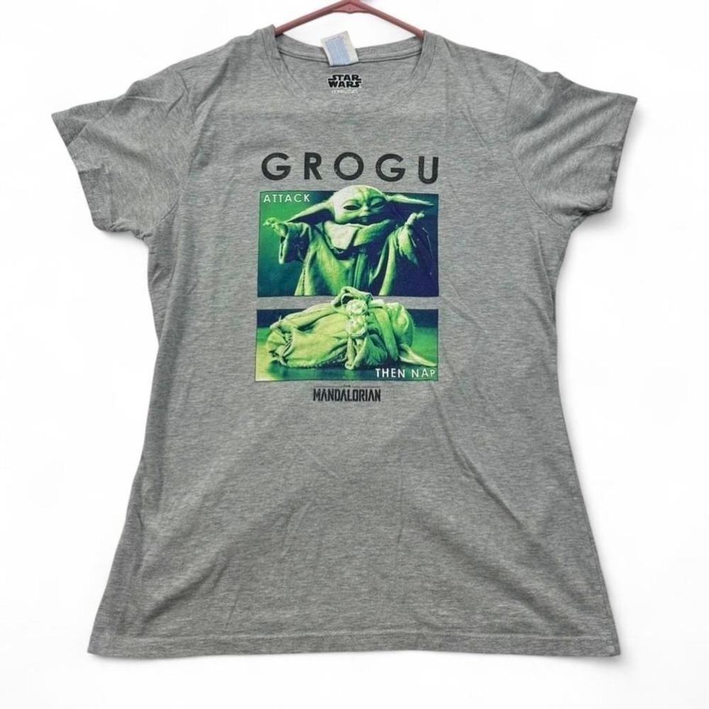 Star Wars Grogu Attack Then Nap Grey T-Shirt Mandalorian Baby Yoda Mens S